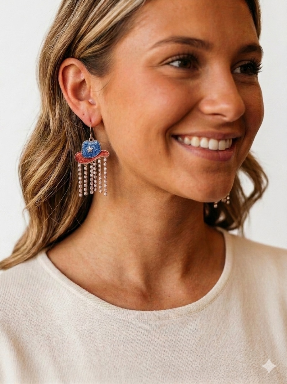Cowboy Hat Blue and Red Star Fringe Rhinestone Earrings Nickel Free